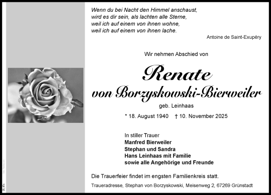 Traueranzeige von Renate von Borzyskowski-Bierweiler von Allgemeine Zeitung Alzey