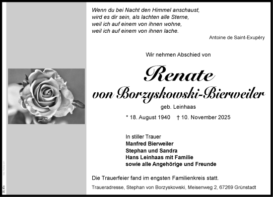 Traueranzeige von Renate von Borzyskowski-Bierweiler von Wormser Zeitung