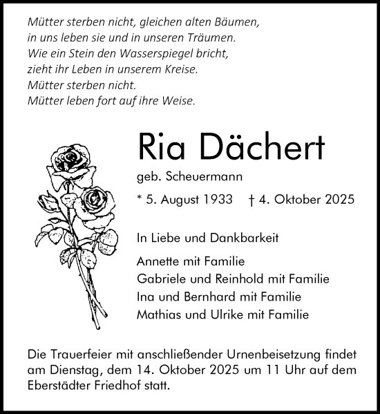 Traueranzeige von Ria Dächert von Darmstädter Echo
