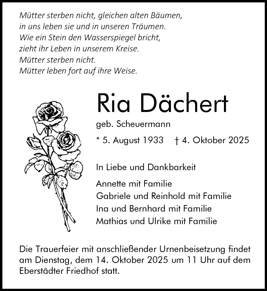  Traueranzeige für Ria Dächert vom 11.10.2025 aus Darmstädter Echo