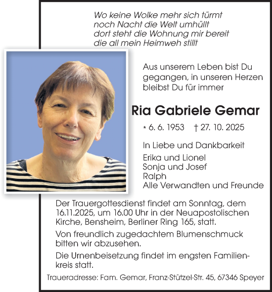 Traueranzeige von Ria Gabriele Gemar von Darmstädter Echo