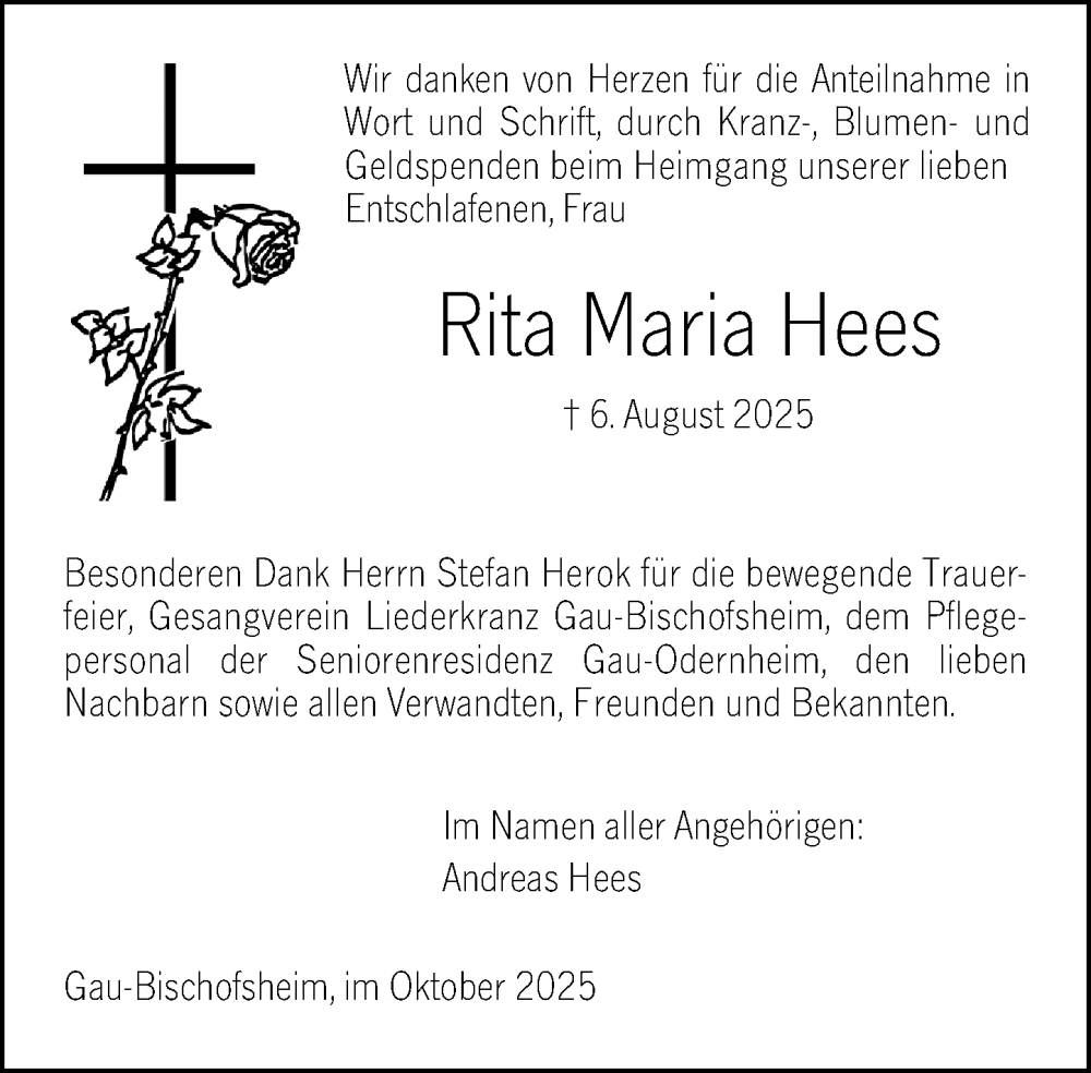  Traueranzeige für Rita Maria Hees vom 11.10.2025 aus Allgemeine Zeitung Mainz