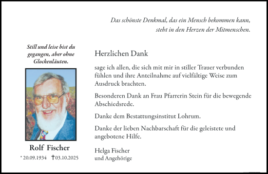 Traueranzeige von Rolf Fischer von Allgemeine Zeitung Mainz