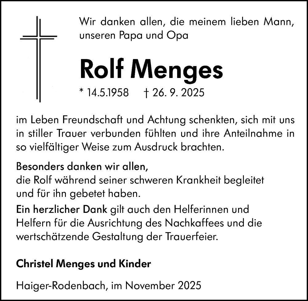  Traueranzeige für Rolf Menges vom 22.11.2025 aus Dill Block