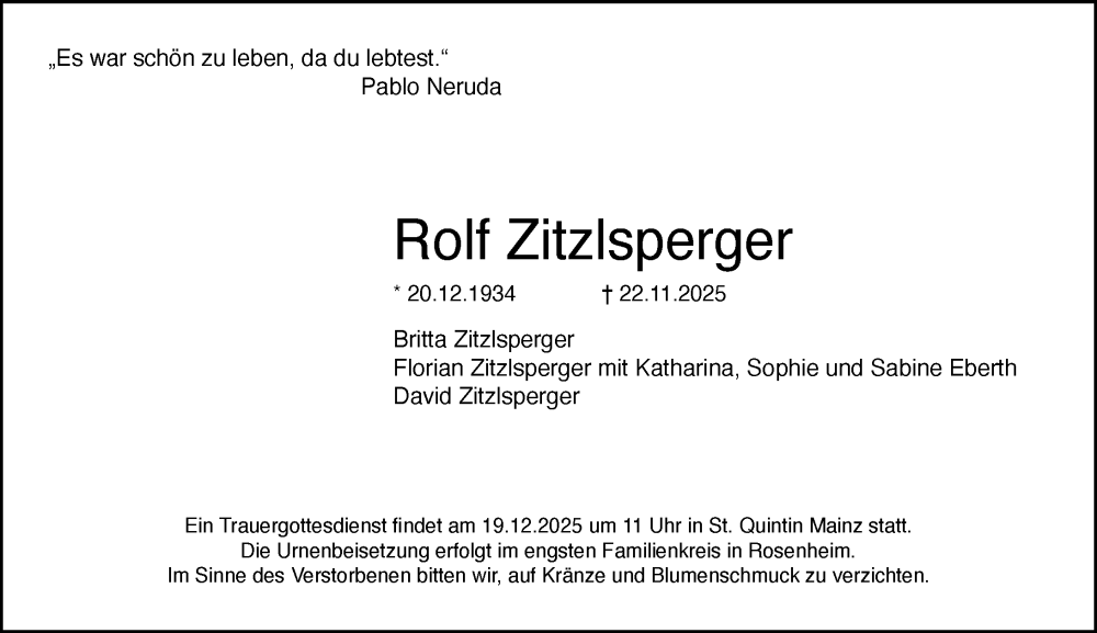  Traueranzeige für Rolf Zitzlsperger vom 29.11.2025 aus Allgemeine Zeitung Mainz