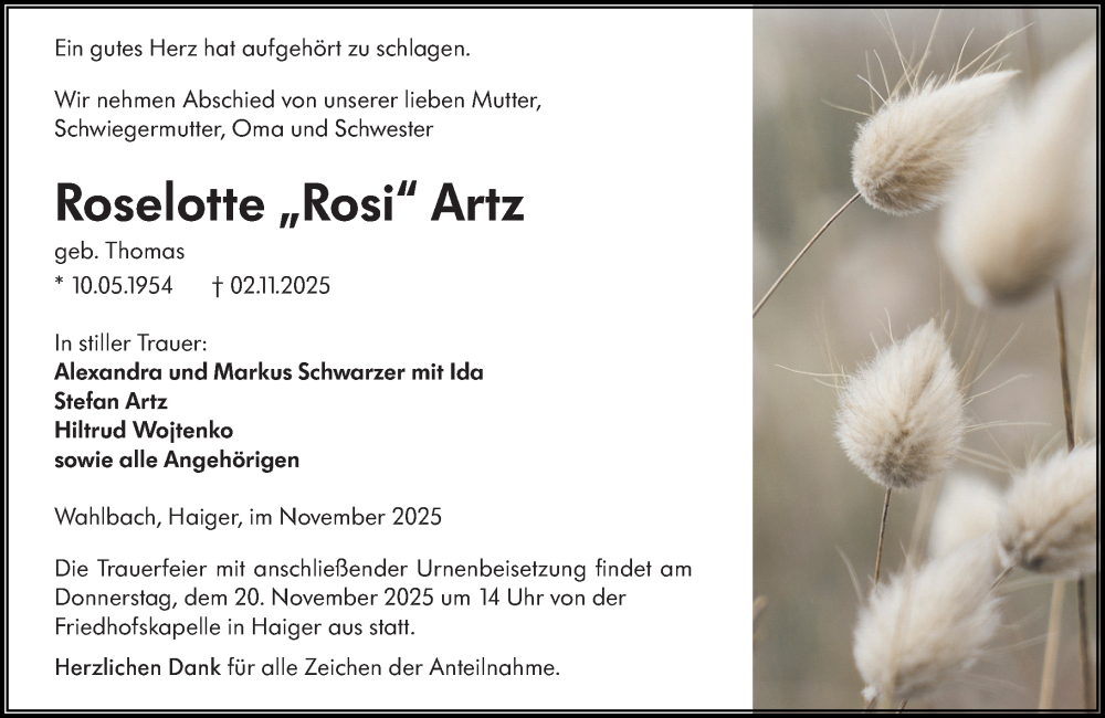  Traueranzeige für Roselotte Artz vom 15.11.2025 aus Dill Block