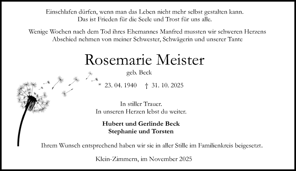  Traueranzeige für Rosemarie Meister vom 22.11.2025 aus Darmstädter Echo