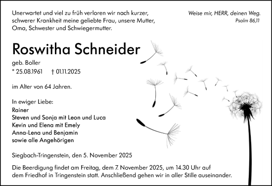 Traueranzeige von Roswitha Schneider von Hinterländer Anzeiger