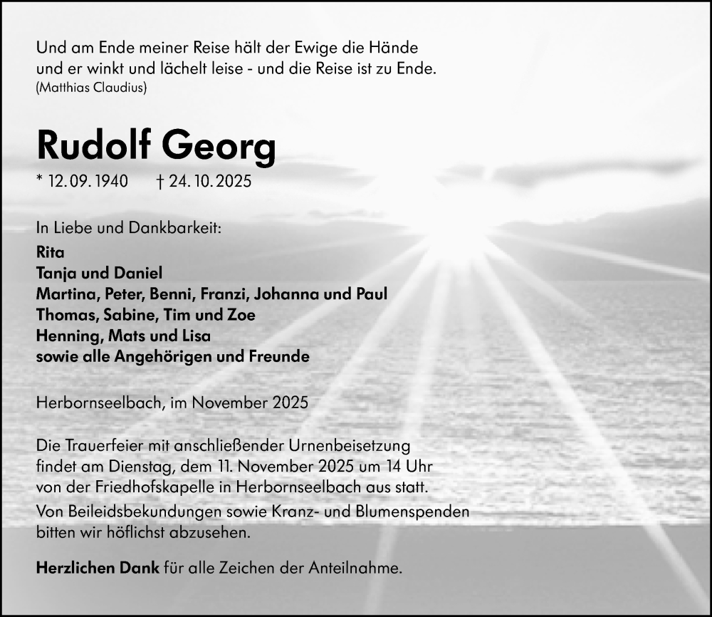  Traueranzeige für Rudolf Georg vom 06.11.2025 aus Dill Block