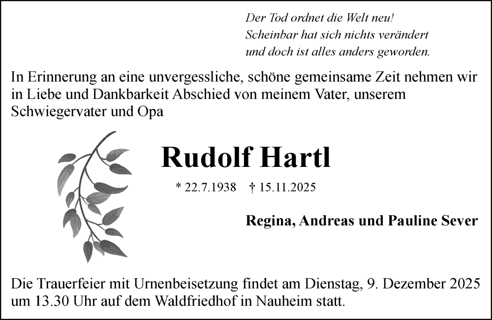  Traueranzeige für Rudolf Hartl vom 29.11.2025 aus Rüsselsheimer Echo