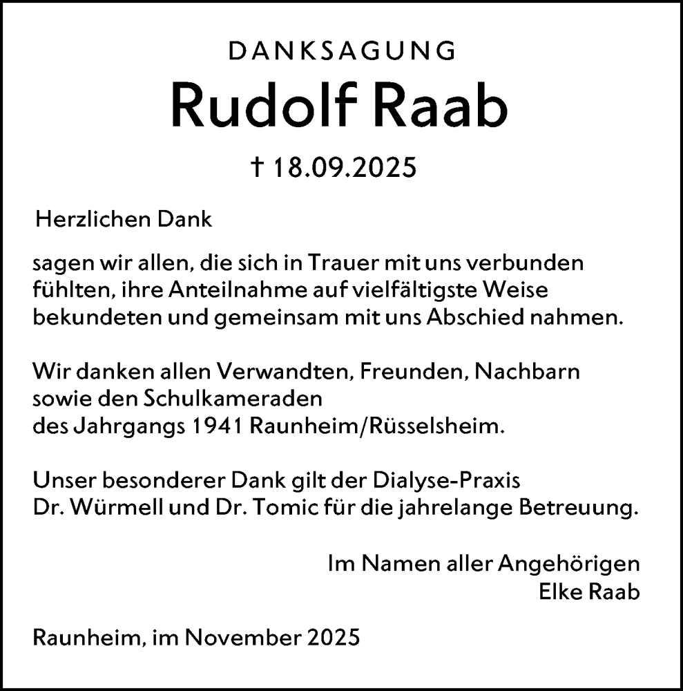  Traueranzeige für Rudolf Raab vom 08.11.2025 aus Rüsselsheimer Echo