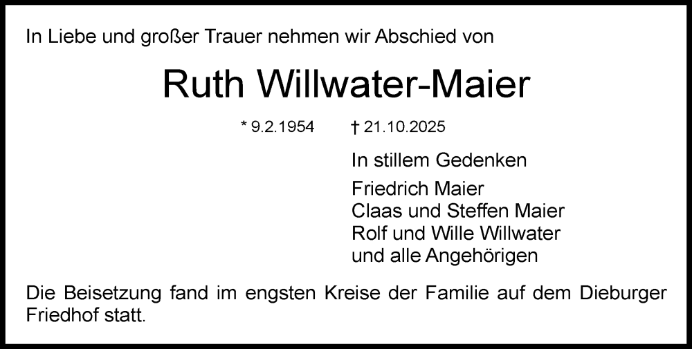  Traueranzeige für Ruth Willwater-Maier vom 15.11.2025 aus Dieburger Anzeiger/Groß-Zimmerner Lokal-Anzeiger