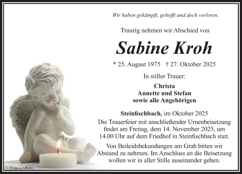  Traueranzeige für Sabine Kroh vom 06.11.2025 aus Camberger Anzeiger
