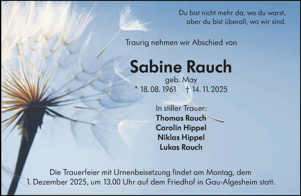  Traueranzeige für Sabine Rauch vom 29.11.2025 aus Allgemeine Zeitung Mainz