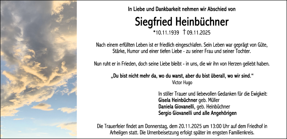  Traueranzeige für Siegfried Heinbüchner vom 15.11.2025 aus Darmstädter Echo