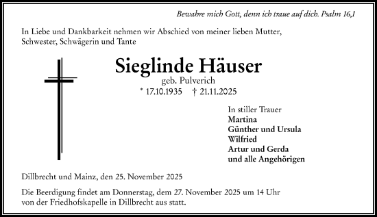 Traueranzeige von Sieglinde Häuser von Dill Block