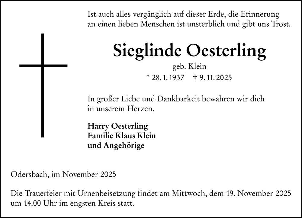 Traueranzeige für Sieglinde Oesterling vom 15.11.2025 aus Weilburger Tageblatt