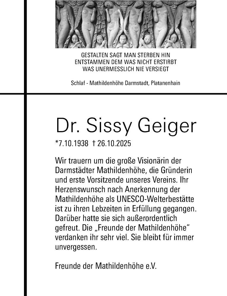  Traueranzeige für Sissy Geiger vom 08.11.2025 aus Darmstädter Echo
