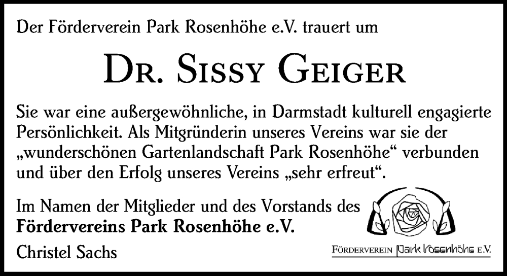  Traueranzeige für Sissy Geiger vom 15.11.2025 aus Darmstädter Echo