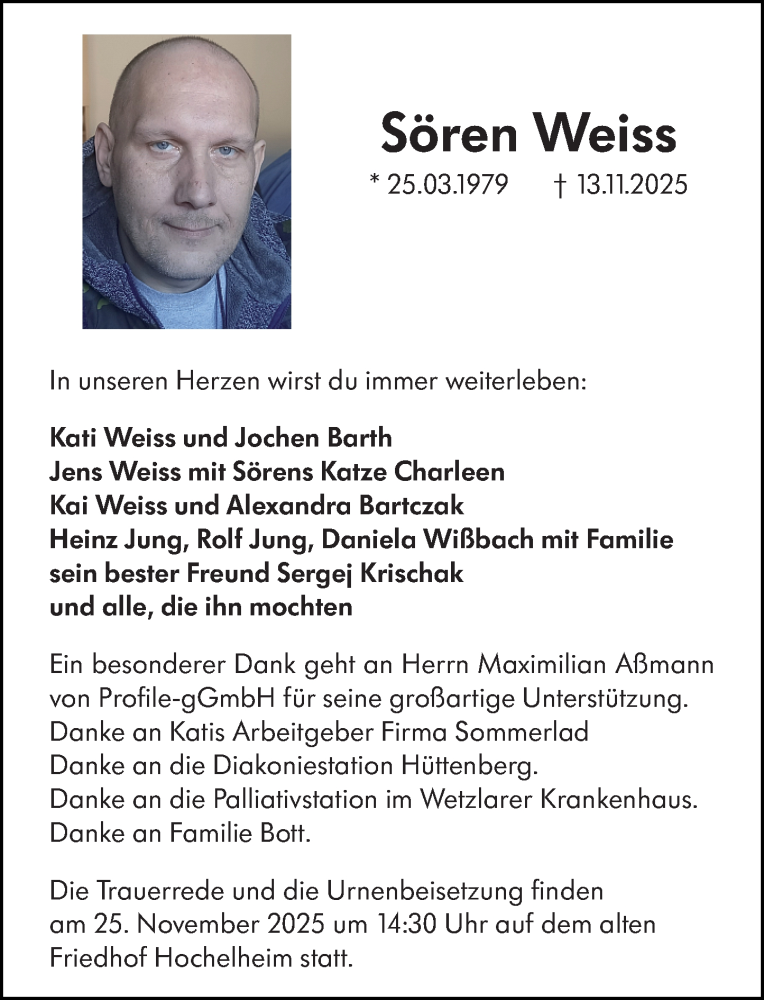  Traueranzeige für Sören Weiss vom 22.11.2025 aus Wetzlarer Neue Zeitung