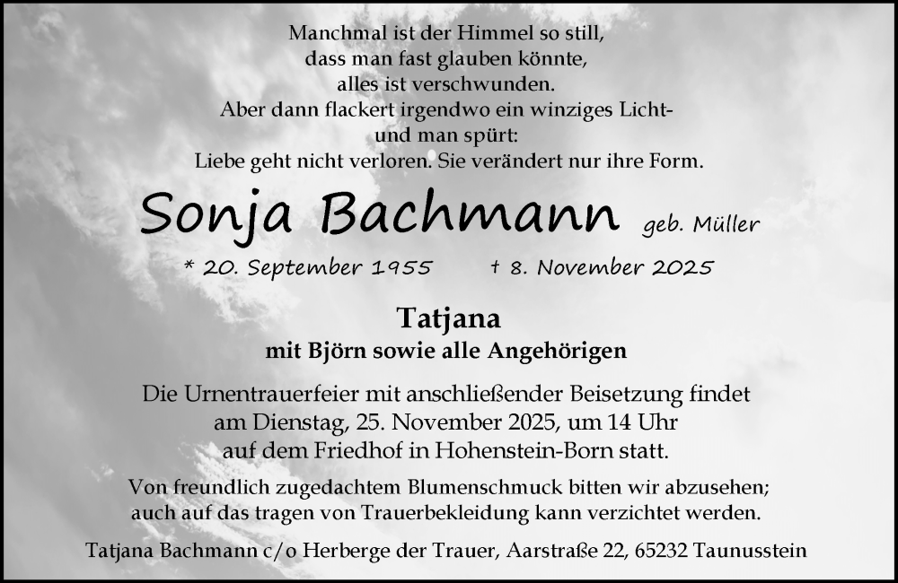  Traueranzeige für Sonja Bachmann vom 15.11.2025 aus Idsteiner Land/Untertaunus