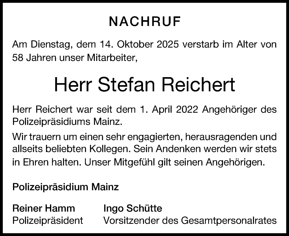  Traueranzeige für Stefan Reichert vom 06.11.2025 aus Allgemeine Zeitung Mainz