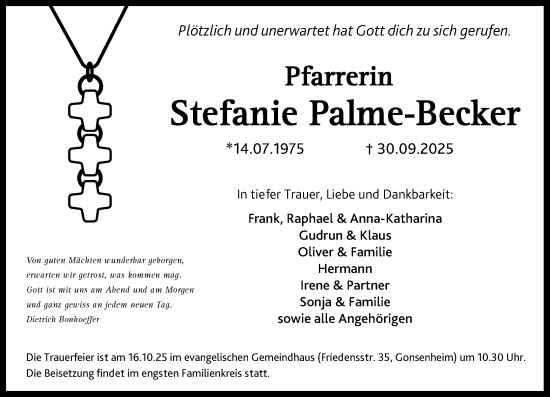 Traueranzeige von Stefanie Palme-Becker von Allgemeine Zeitung Mainz
