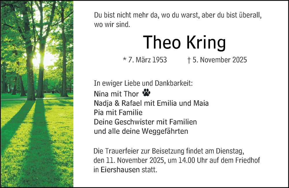  Traueranzeige für Theo Kring vom 07.11.2025 aus Hinterländer Anzeiger