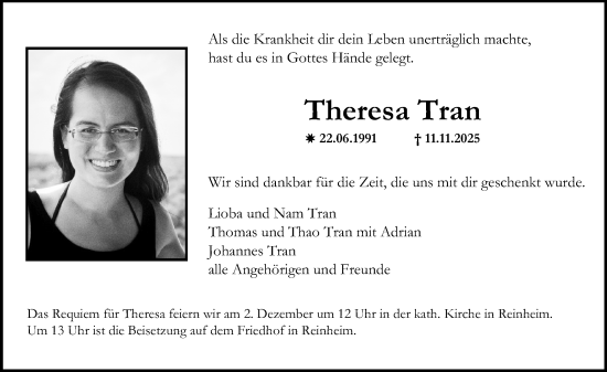 Traueranzeige von Theresa Tran von Darmstädter Echo