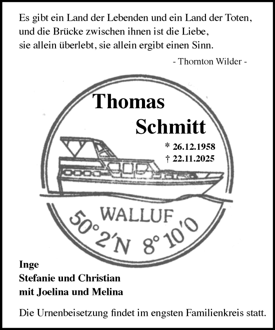 Traueranzeige von Thomas Schmitt von Wiesbadener Kurier