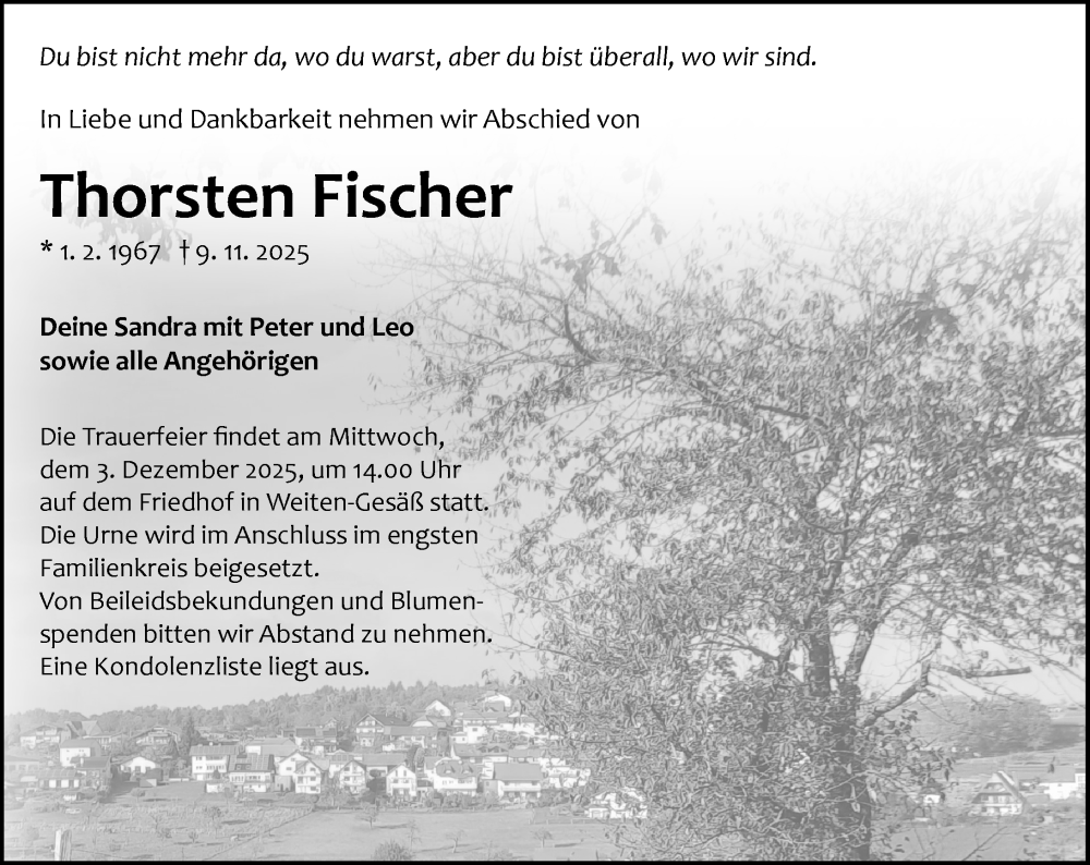  Traueranzeige für Thorsten Fischer vom 22.11.2025 aus Odenwälder Echo