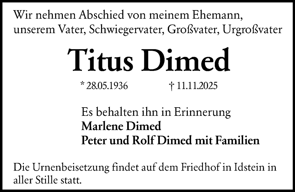  Traueranzeige für Titus Dimed vom 22.11.2025 aus Idsteiner Land/Untertaunus