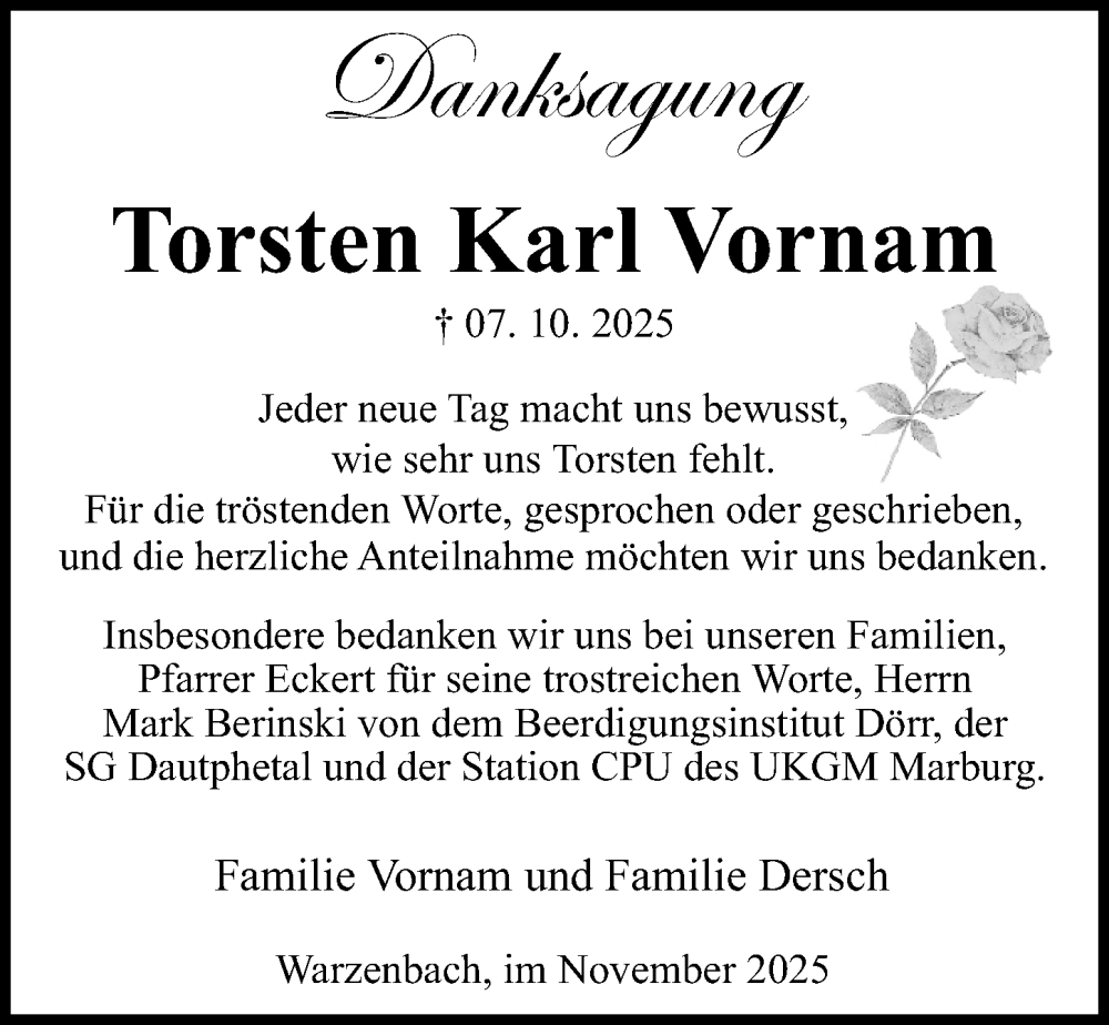  Traueranzeige für Torsten Karl Vornam vom 15.11.2025 aus Hinterländer Anzeiger