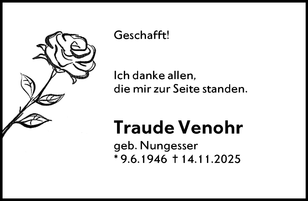  Traueranzeige für Traude Venohr vom 27.11.2025 aus Hinterländer Anzeiger