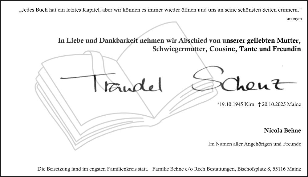  Traueranzeige für Traudel Schenz vom 15.11.2025 aus Allgemeine Zeitung Mainz