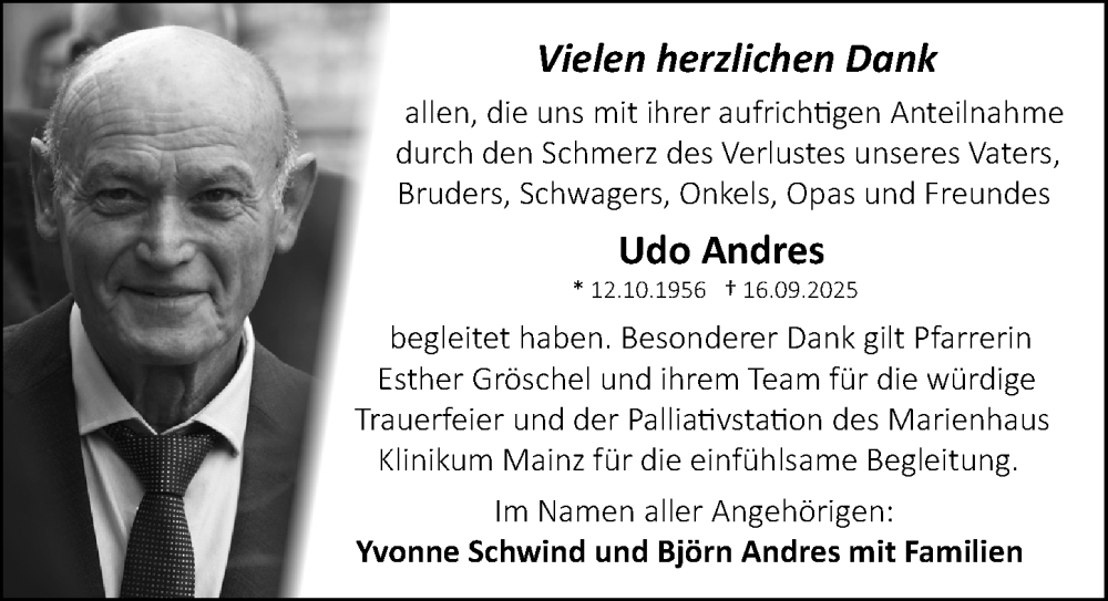  Traueranzeige für Udo Andres vom 29.11.2025 aus Allgemeine Zeitung Mainz