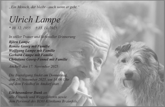 Traueranzeige von Ulrich Lampe von Dill Block