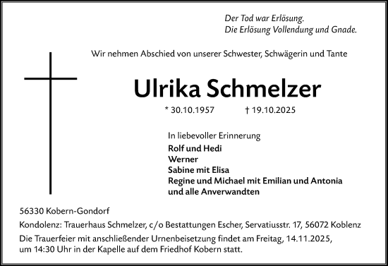 Traueranzeige von Ulrika Schmelzer von Allgemeine Zeitung Mainz