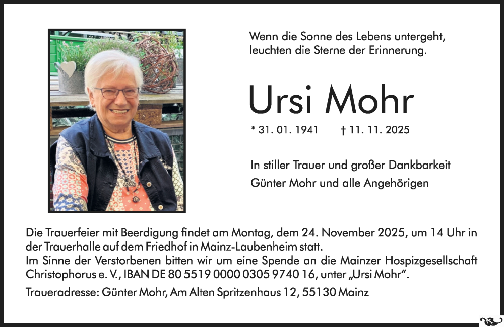  Traueranzeige für Ursi Mohr vom 15.11.2025 aus Allgemeine Zeitung Mainz