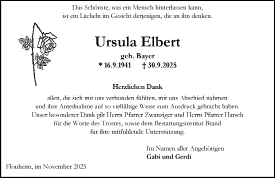 Traueranzeige von Ursula Elbert von Allgemeine Zeitung Alzey