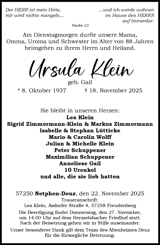 Traueranzeige von Ursula Klein von Dill Block