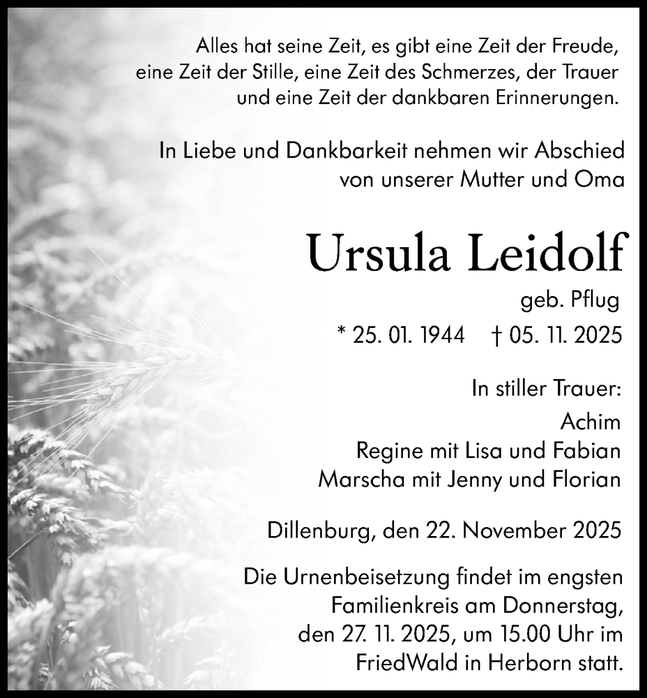  Traueranzeige für Ursula Leidolf vom 22.11.2025 aus Dill Block