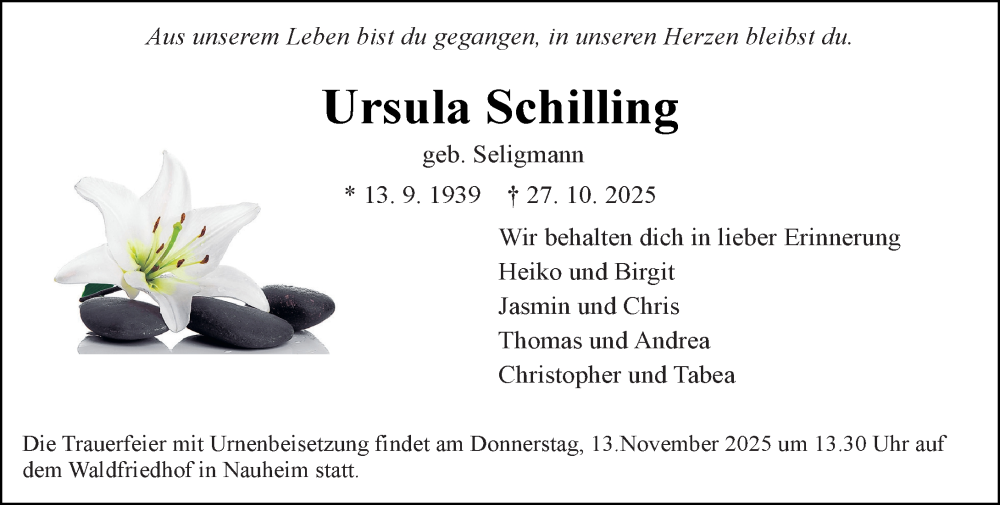  Traueranzeige für Ursula Schilling vom 08.11.2025 aus Rüsselsheimer Echo