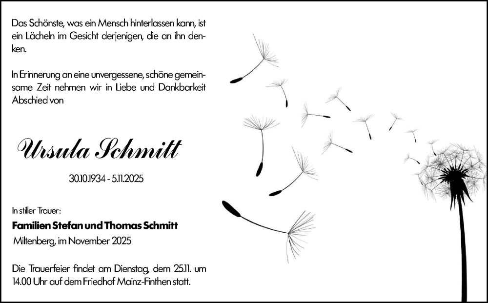  Traueranzeige für Ursula Schmitt vom 21.11.2025 aus Allgemeine Zeitung Mainz