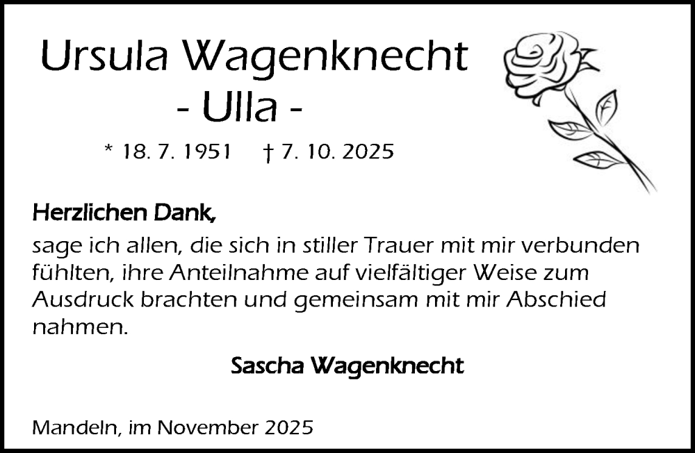  Traueranzeige für Ursula Wagenknecht vom 15.11.2025 aus Dill Block