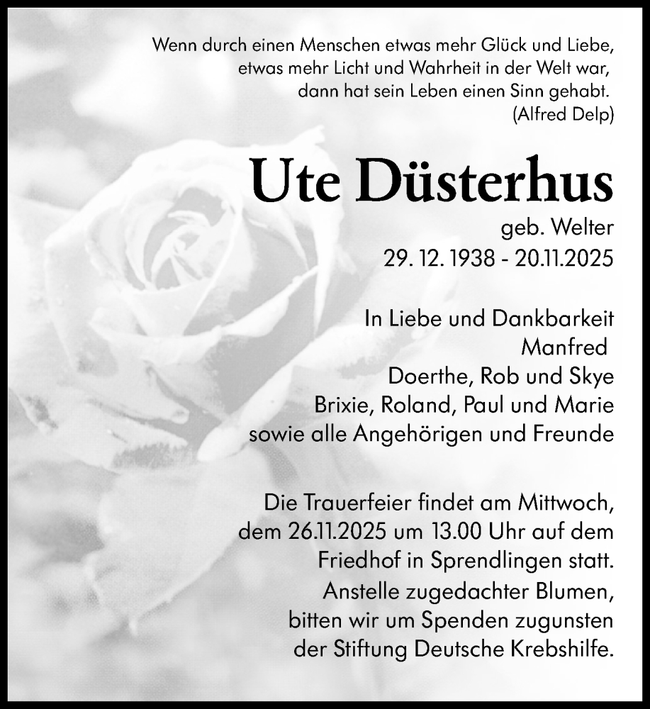  Traueranzeige für Ute Düsterhus vom 22.11.2025 aus Allgemeine Zeitung Rheinhessen-Nahe