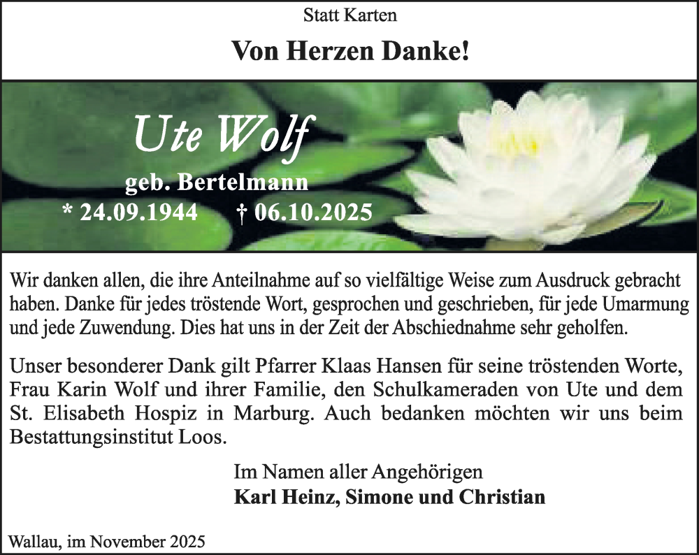  Traueranzeige für Ute Wolf vom 20.11.2025 aus Hinterländer Anzeiger