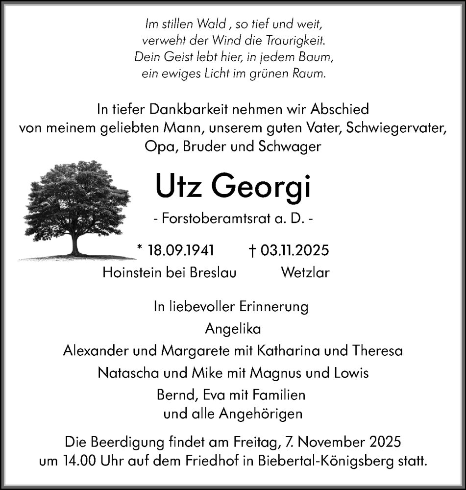  Traueranzeige für Utz Georgi vom 06.11.2025 aus Dill Block