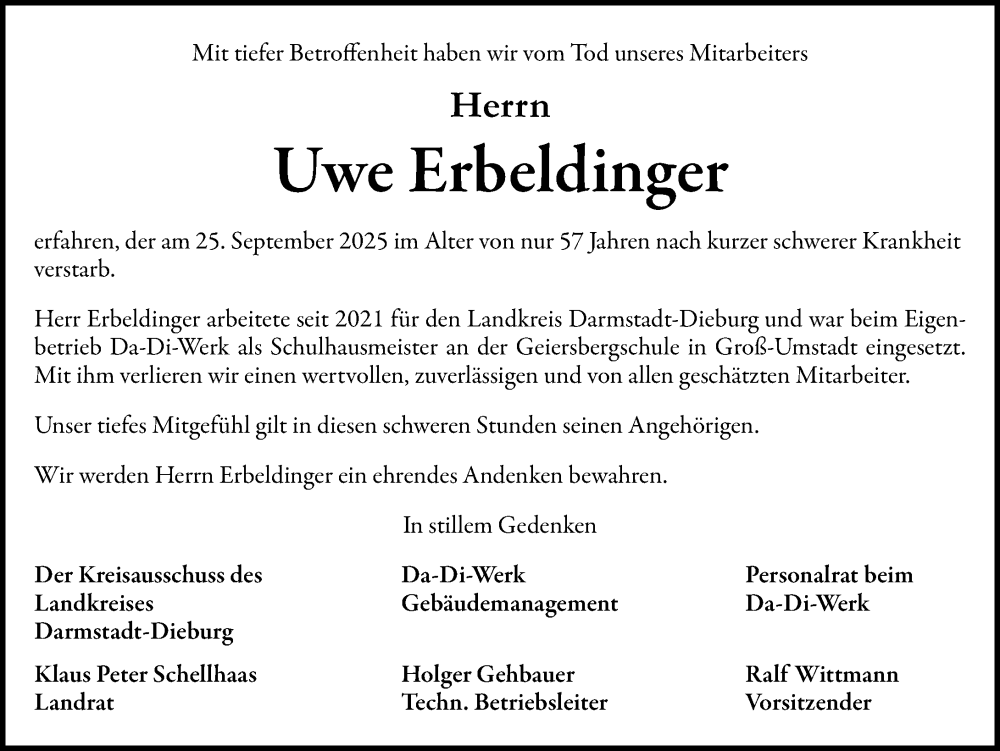  Traueranzeige für Uwe Erbeldinger vom 11.10.2025 aus Darmstädter Echo
