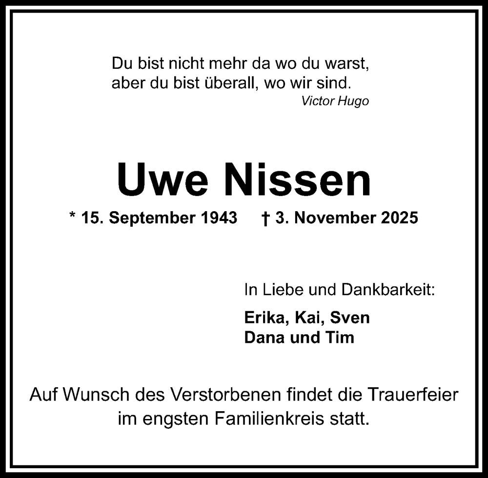  Traueranzeige für Uwe Nissen vom 15.11.2025 aus Wiesbadener Kurier